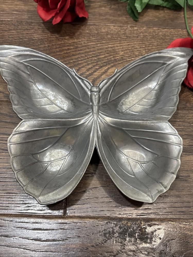 Fitz Floyd BUTTERFLY Candy Nut Trinket Bowl Dish Silver Aluminum Metal 10” D