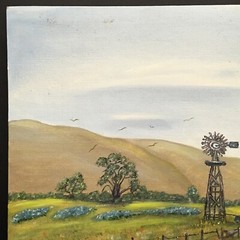 Original Bluebonnets Windmill Hills Trees Country Roads Unframed Painting Signed