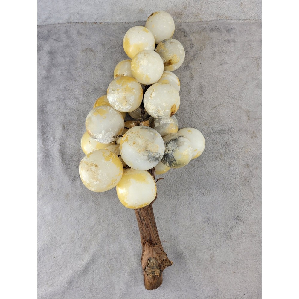 Vintage Alabaster Stone Grapes Cluster Yellow Marble Wood Stem MCM 19 Inch Large