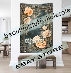 Scene Gothic Wall Tapestry Elegant Roses ornate border framing 59X82 in