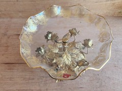Flamingo Crystal Pedestal Bowl Dish 24KT Gold Gilt Holland Vintage Tole Roses