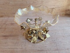 Flamingo Crystal Pedestal Bowl Dish 24KT Gold Gilt Holland Vintage Tole Roses