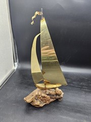 Demott Brass Sailboat Signed Driftwood Base Metal Art Pennant 60s Vtg