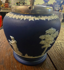 Wedgwood Blue Jasperware Cobalt Biscuit Barrel Silver Plated Lid