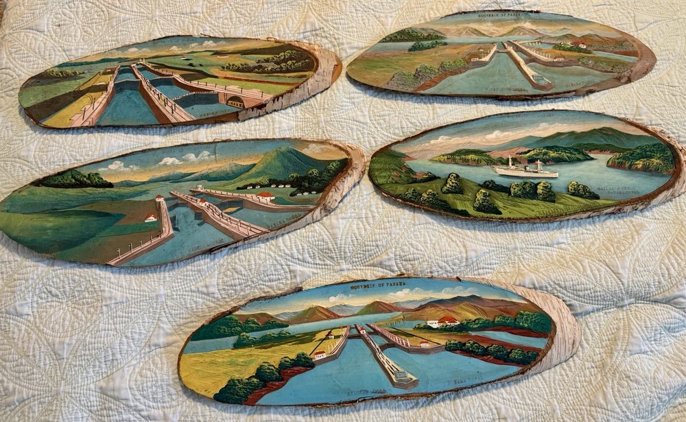 Panama Canal Wall Wood Slice Lot of 5 Decor 3D Relief Carved Painted Scenes