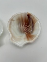 2 Akro Agate Clam Shell Green & Brown White Swirl Glass Trinket Dish Ashtray