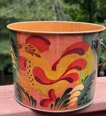 Peter Hunt Signed Painted Tin Toleware Folk Art Bucket-Rooster-Cape Cod-Anno 65