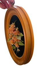 Vintage Oval Gold Framed 3D Flowers Black Background Floral Art Decor 9″x 5″