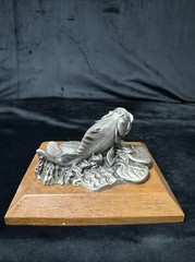 Pewter Open Mouth Bass & Lily Pad On Wooden Base