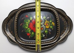 TWO Vtg Tole, Toleware Black Metal Trays, Hand-Painted Florals w/Gold Trim Edges