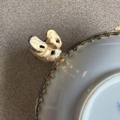 Antique Small Raised Meissen Bowl In Bronze Setting Footed 3 Cherubs 5″ Stunning