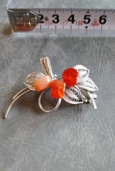 Silver Filigree Leaf Brooch with Red & Orange Accents Elegant Jewelry