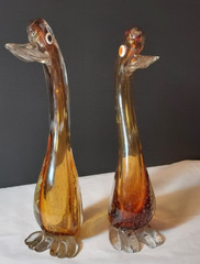 Unique Pair of Murano Hand Blown Swans/Ducks in Amber Tones and Bubbled Design