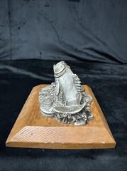Pewter Open Mouth Bass & Lily Pad On Wooden Base