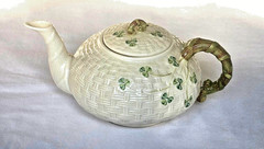 Belleek Shamrock Basketweave Teapot 8.5″ Ireland Parian China Mint