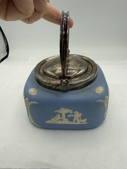 Rare Wedgwood Blue Jasperware Biscuit Barrel Square Metal Lid England 5 3/4” Sq
