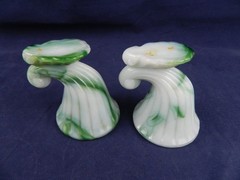 AKRO-AGATE #765 CORNUCOPIA TOOTHPICK HOLDER GREEN/WHITE SLAG GLASS, SET OF 2