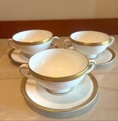 Wedgwood Soup Cup & Saucer Set with 3 Cups, White & Gold, Made in England