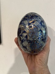 VTG Hand Painted Cloisonne Egg Blue Gold White Floral Geometric Design Easter