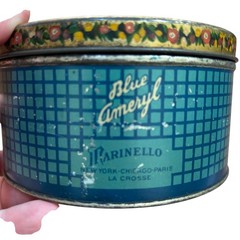 Vintage Blue Ameryl Candy Tin Gold Floral Marinello New York Chicago round