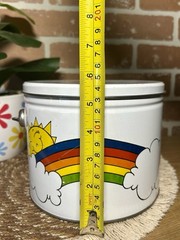Vintage Rare Deco Metal Empty Tin Rainbow Sun Face Clouds Large With Handle