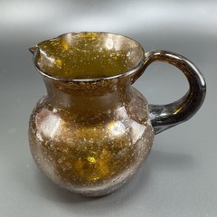 Mid Century Hand Blown Art Glass Mini Pitcher Creamer Jug Amber Bubbles All Over