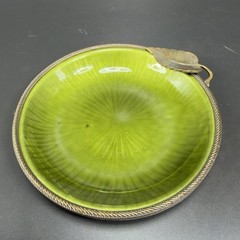 Evans Hand Enameled Copper Metal Green Dish Brass Trim Leave 4.5inch Plate Dish