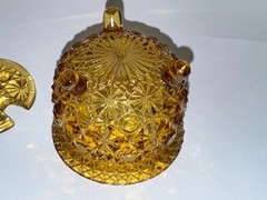 EAPG Glass 3 Footed Bowl Amber Daisy & Button Cauldron Dish with lid 3” VTG