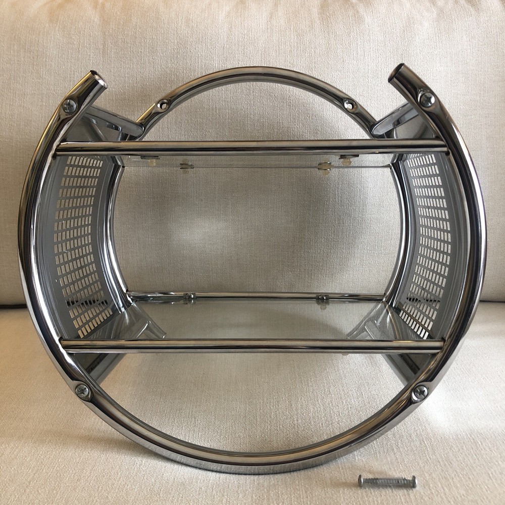 VTG Round Chrome Metal Glass Wall Shelf MCM Mesh Side Bauhaus Eileen Gray Circle