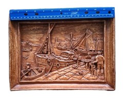 Carved Wood and Resin Relief Picture Panel Fishing Harbor Sea Scene 12″x9″