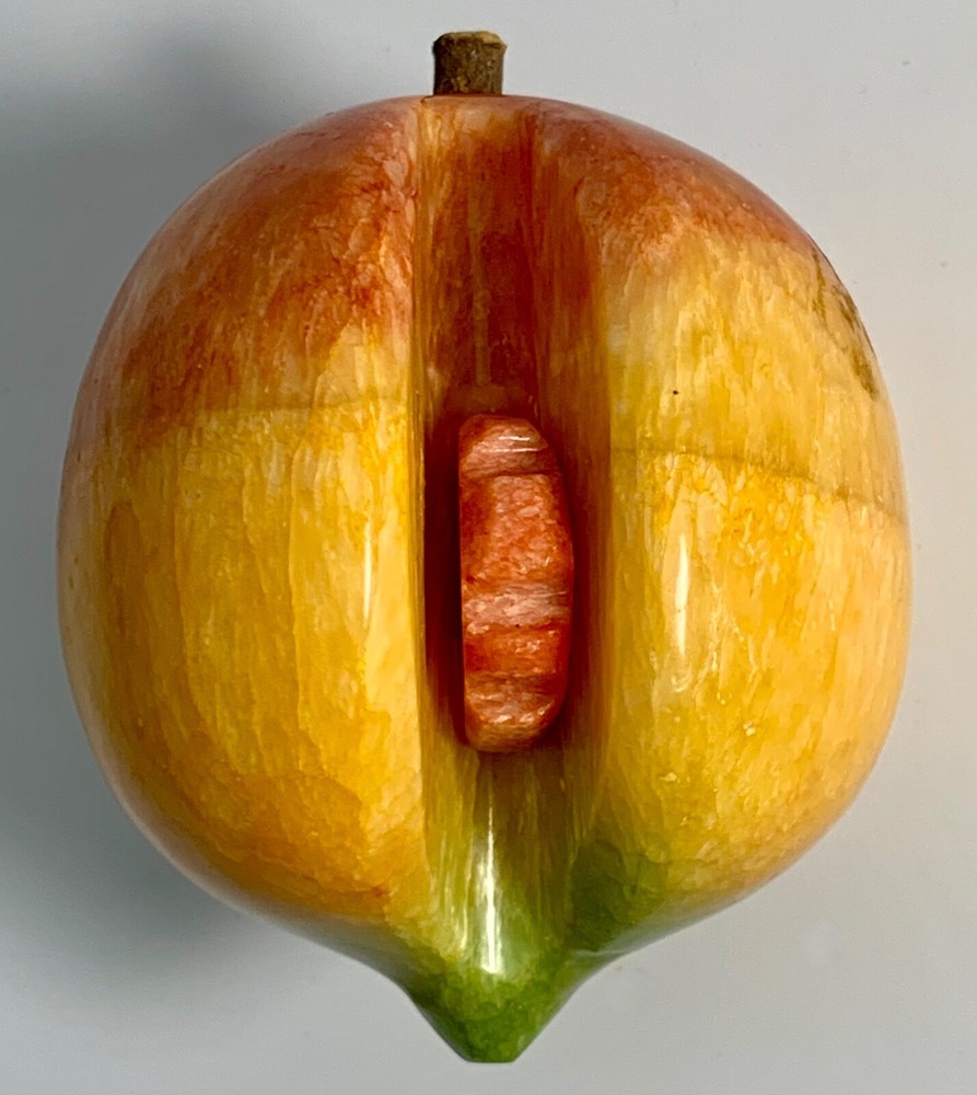 Vintage Alabaster Fruit Peach Apricot Exposed Pit Seed w/ Wood Stem