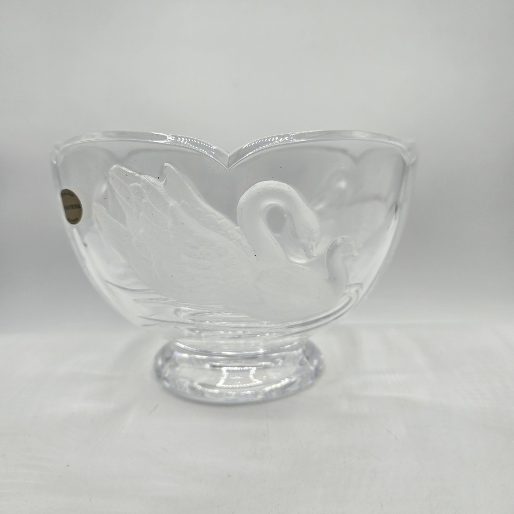 Vintage French Teleflora 24% Lead Crystal Frosted Swan Footed Candy Bowl