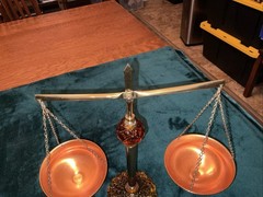 VINTAGE AMBER GLASS COPPER & BRASS ” SCALES OF JUSTICE” MID CENTURY RETRO