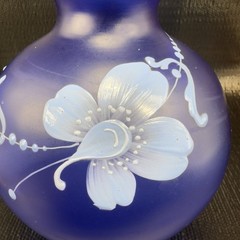 Vintage Bohemian Hand Blown Art Glass Enameled Flower Paint Vase Bowl Blue VTG