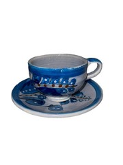 Tonala Mexican Cup Saucer Artisan Handcrafted Cobalt Blue Bird