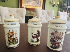 Vintage Spice Jars w/Lids 1987 MJ HUMMEL Porcelain Set of 6 Alpine Switzerland