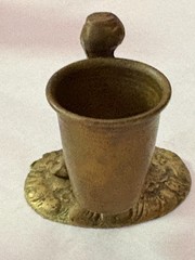 Vintage Brass Toothpick/Match Holder, Thimble Basket Held Up By boy/man 2” H