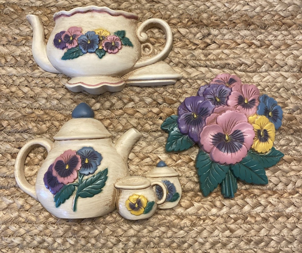 VTG Home Interiors Teapot Pansies 90s Wall Decor Hanging Granny Cottagecore MCM