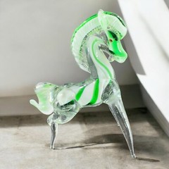 Hand Blown Art Glass Horse Figurine Paperweight Hand Made Glass Green White VTG