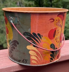 Peter Hunt Signed Painted Tin Toleware Folk Art Bucket-Rooster-Cape Cod-Anno 65