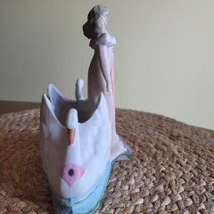 Vintage Art Nouveau Bisque Porcelain Woman with 2 Swans Planter Figurine / Read