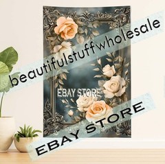 Scene Gothic Wall Tapestry Elegant Roses ornate border framing 59X82 in