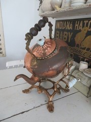 Old Copper TILTING TEA KETTLE on Ornate BRASS STAND White Porcelain Handles
