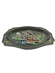 Vintage Hand Painted Floral Oval Trinket Dish Black Gold Folk Art Decor