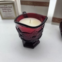 Vtg Avon Cape Cod Collection 1876 Ruby Red Glass Sugar Bowl, Creamer & Gruet Lot