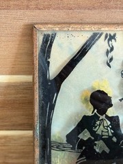 Vintage Reverse Painted Glass Silhouette Art 5.75” Copper Frame Colonial Scene