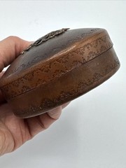 Antique Vtg Italy Leather Wrapped Trinket Jewelry Box Prominent Metal Crest