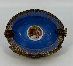 VTG La Chateau Porcelain Trinket Dish Metal Bronze Mount Victorian Scene