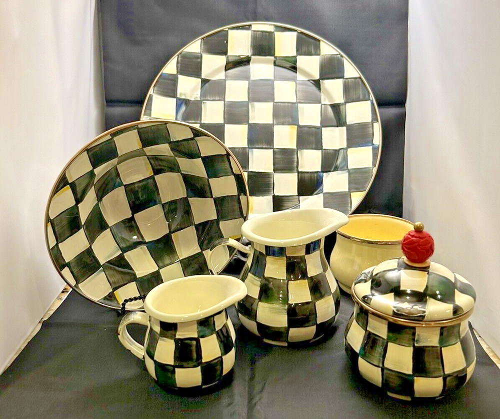 Mackenzie-Childs Courtly Check Serving Pieces and Yellow Enamel Lot
