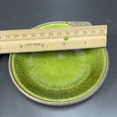 Evans Hand Enameled Copper Metal Green Dish Brass Trim Leave 4.5inch Plate Dish